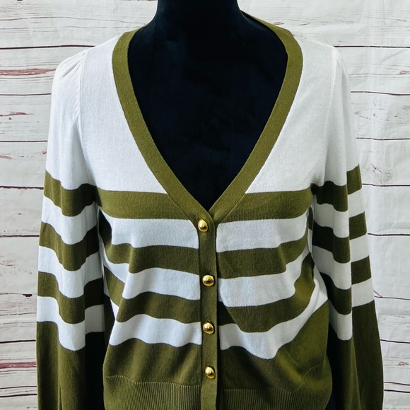Michael Kors Sweater Women’s Medium Olive White Cardigan Striped Long Sleeve. - Picture 2 of 12